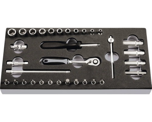 Insert de boîte à outils avec jeu de clés à douille, tournevis, cliquet et rallonges
