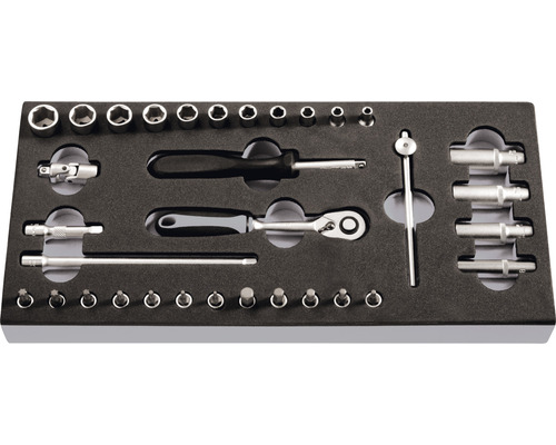 Jeu de douilles avec douilles, embouts, cliquet et accessoires dans un insert en mousse