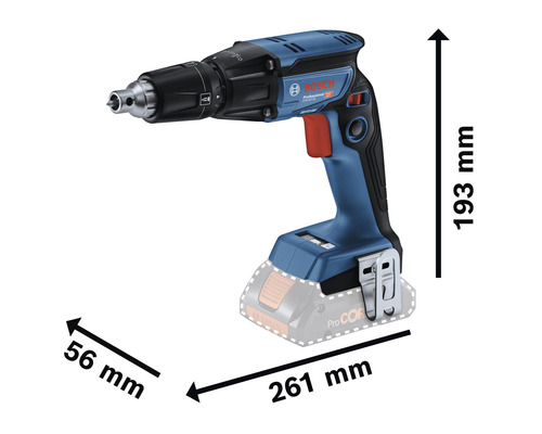 Dimensions de la visseuse pour cloisons sèches Bosch : 193 mm de hauteur, 261 mm de longueur, 56 mm de largeur