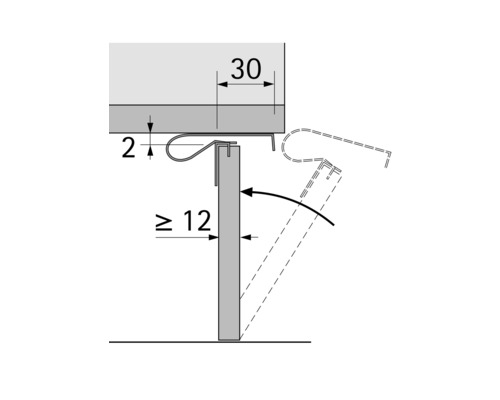 Illustration der Montage eines Tischplattenhalters mit Maßangaben