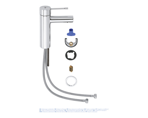 Aufbau einer Waschtischarmatur mit Flexschläuchen und Montagezubehör