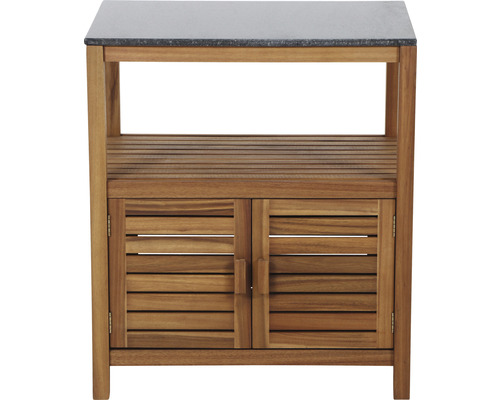 Meuble de jardin en bois avec plateau en pierre