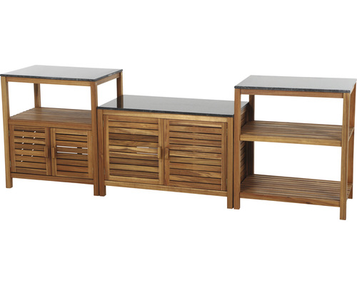 Gartenschrank-Kombination aus Holz mit Türen und Ablageflächen, Arbeitsplatte aus Stein