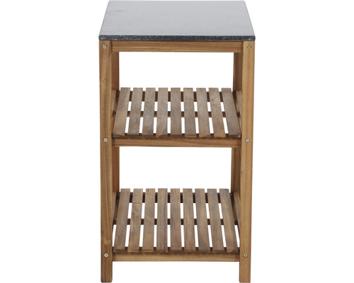 Holzregal mit zwei Ablageflächen und einer Ablage aus Stein