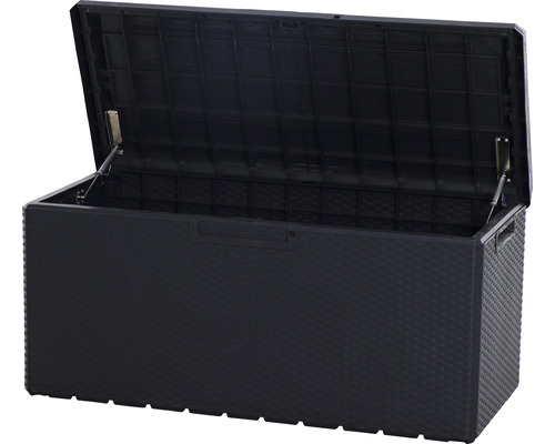 Geöffnete Aufbewahrungsbox aus Kunststoff mit Rattanoptik