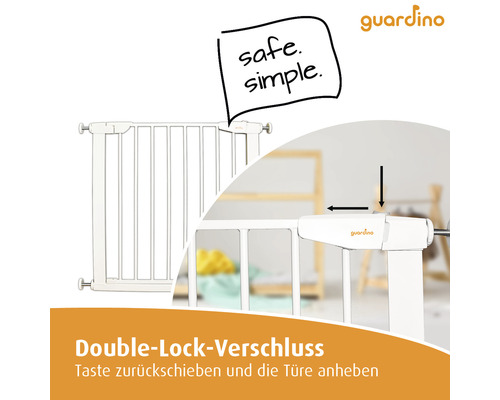 Guardino Logo. Illustration eines weißen Kinderschutzgitters mit Doppelverriegelung.