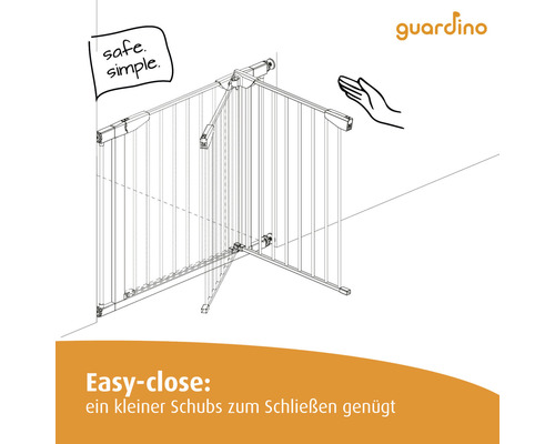 Illustration eines Guardino Türschutzgitters mit einfacher Schließfunktion
