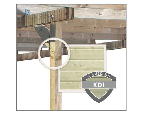 Vue détaillée d''une construction en bois avec le label Protection par KDI, qui signifie imprégnation autoclave