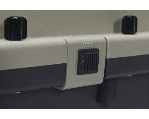 Detailansicht eines Verschlusses mit der Aufschrift Verriegeln an einer Transportbox