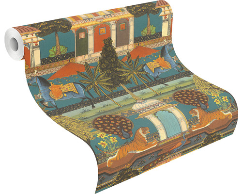 Rouleau de papier peint avec un motif d''inspiration indienne avec des tigres et des chevaux