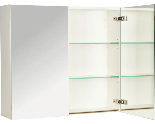 Geöffneter Spiegelschrank mit Glasböden