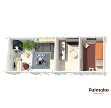 Draufsicht des Holzhauses mit Wohnzimmer, Schlafzimmer und Arbeitszimmer