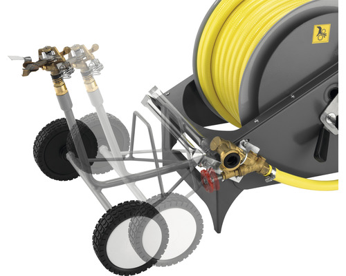 Chariot porte-tuyau d''arrosage avec tuyau jaune et accessoire d''arrosage