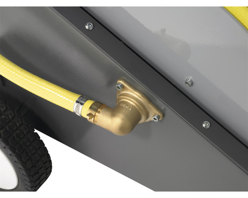 Vue détaillée d''une sableuse avec tuyau jaune et raccord en laiton
