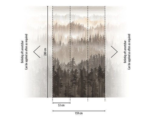Wald Tapete mit Baum Motiv und Größenangaben