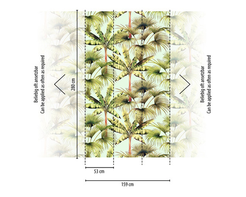 Tapete mit Palmenmuster und den Maßen 280 cm Höhe und 159 cm Breite