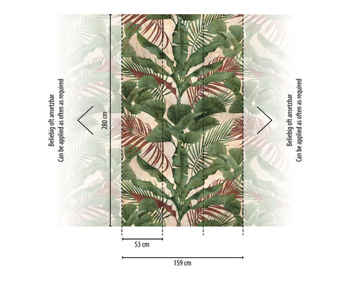 Fototapete mit tropischem Pflanzenmuster und Maßangaben