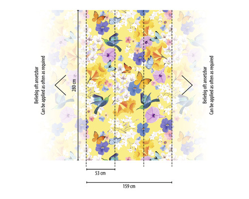 Papier peint avec motifs de fleurs, de papillons et d''oiseaux et indications de taille