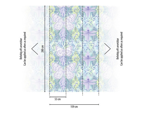 Papier peint avec motif de papillons et de libellules, dimensions 159 sur 280 centimètres
