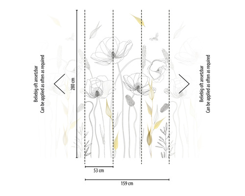 Papierfototapete mit Blumenmuster und Maßangaben