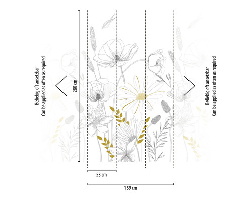 Abmessungen einer Fototapete mit Blumenmuster: 280 cm hoch, 159 cm breit, 53 cm breite Bahnen.