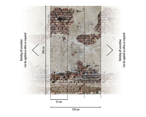 Fototapete mit Backsteinmauer-Motiv und Beschädigungen, Maße 159 mal 280 Zentimeter