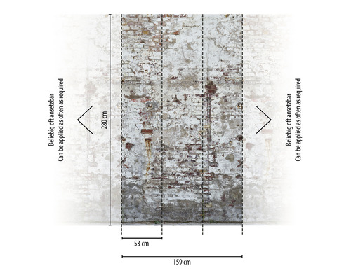 Papier peint photo avec motif de briques et indications de dimensions.