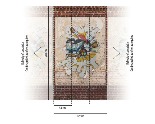 Papier peint photo avec motif graffiti et indications de dimensions sur un mur en briques