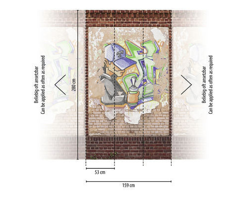 Papier peint photo avec motif graffiti et indications de dimensions sur un mur de briques