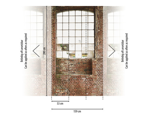 Fototapete mit Backsteinmauer und Fenster, Abmessungen 159 x 280 cm