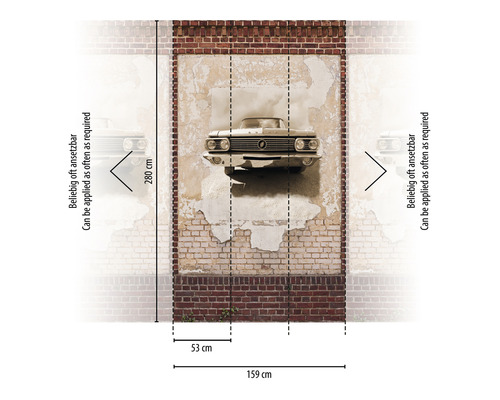 Fototapete mit Oldtimer-Motiv auf einer Backsteinmauer, Maße 159 mal 280 cm