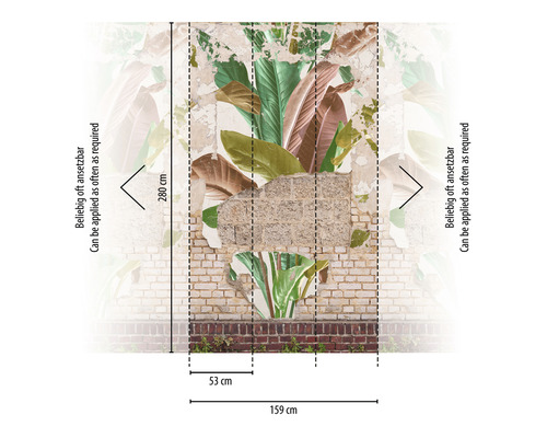 Papier peint photo avec mur de briques et plantes tropicales, dimensions 159 cm de large et 280 cm de haut