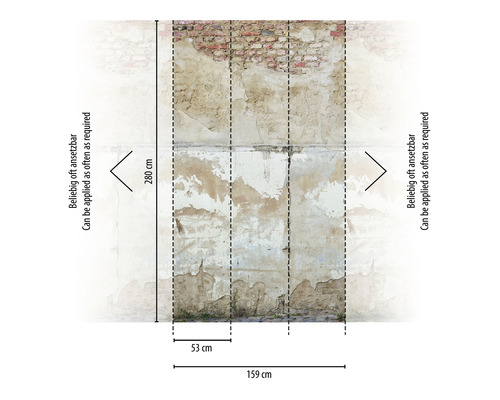 Dimensions d''un papier peint photo aspect crépi : 280 cm de haut, 159 cm de large, lés individuels de 53 cm de large.