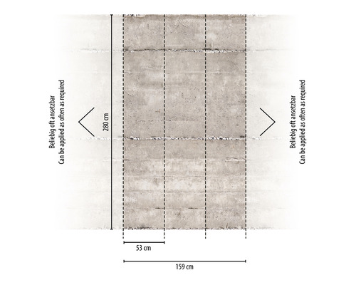 Indications de mesure pour un papier peint aspect béton : 280 cm de hauteur, 159 cm de largeur, 53 cm de raccord