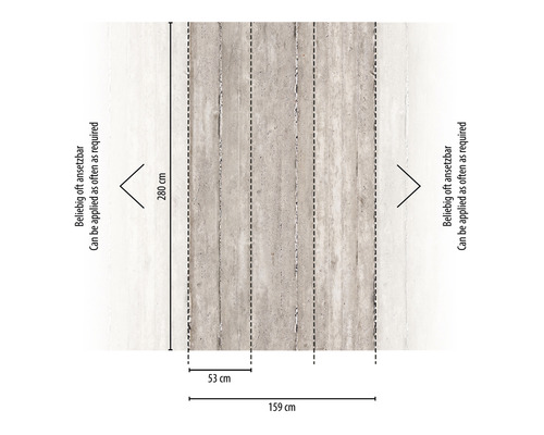 Abmessungen einer Betonoptik-Tapete mit den Maßen 280 cm Länge und 159 cm Breite