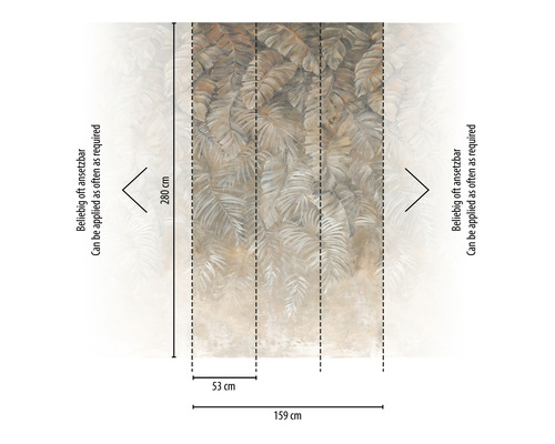 Fototapete mit Blätter-Motiv und Maßangaben