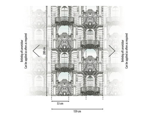 Tapete mit Fassadenmuster und Maßangaben 280 cm Höhe und 159 cm Breite