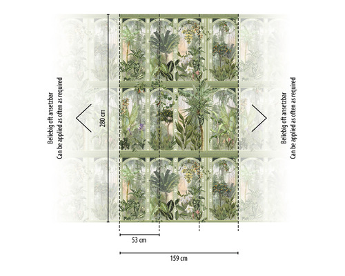 Motif de papier peint avec plantes tropicales, dimensions 159 sur 280 centimètres