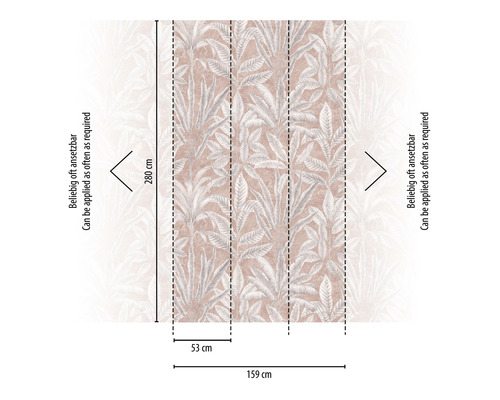 Fototapete mit Blättermuster und Maßangaben