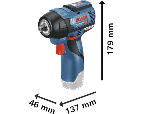Visseuse à chocs Bosch avec des dimensions de 179 mm de hauteur, 46 mm de largeur et 137 mm de longueur.