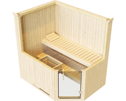 Sauna aus Holz mit Liegeflächen und Glastür