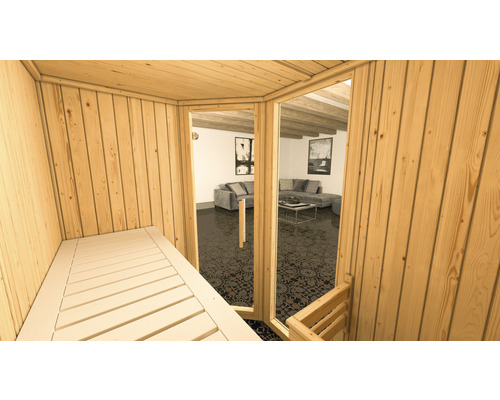 Holzsauna mit Sitzbank und Blick in ein Wohnzimmer