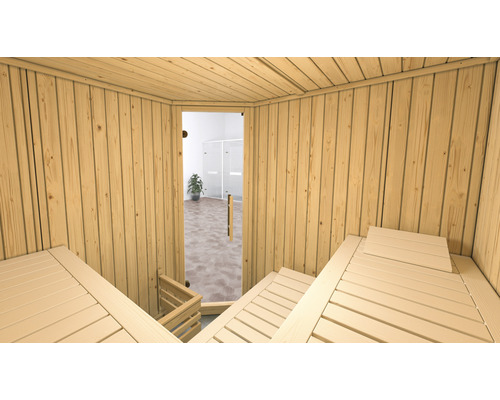Sauna intérieure avec murs et bancs en bois