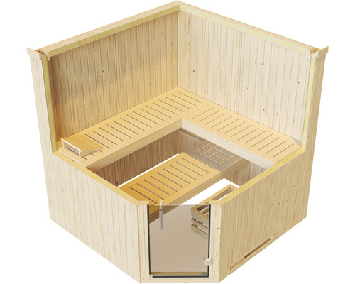 Sauna intérieure en bois avec bancs et porte en verre
