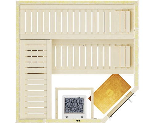 Vue de dessus d''un sauna avec bancs, poêle avec pierres de sauna et accessoires de sauna