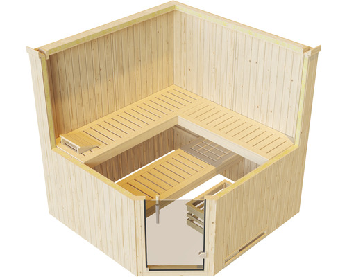 Sauna avec bancs en bois et porte en verre
