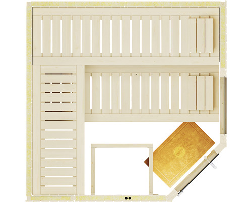 Plan d''un sauna avec bancs en bois et poêle