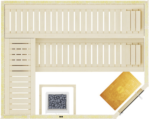 Vue de dessus d''un sauna intérieur avec bancs, poêle et tapis