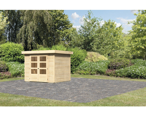 Abri de jardin en bois avec toit plat et double porte dans le jardin