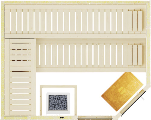 Draufsicht einer Holzsauna mit Bänken, Ofen und Fußmatte